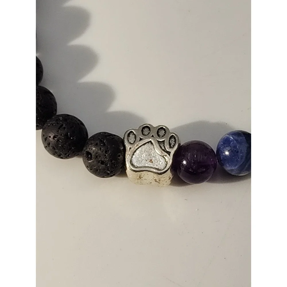 Vintage Black and Rainbow Chakra Beaded Silver Tone Dog Cat Paw‎ beaded Bracelet
